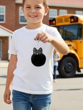 New! Black Kitty Cat Pom-Pom Charm Key Chain With Silver Hardware
